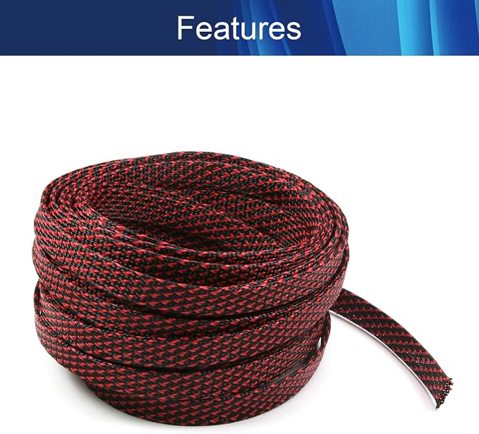 Jutagoss PET Expandable Braided Cable Sleeve, 32.8ft - 1/2 inch Black Red Cable Management Sleeve, Wire Loom Tube Cord Protector for USB Cable, Power Cord, Audio Video and More, 1Pc