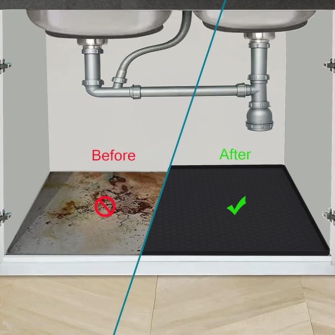 Under Sink Mat 22 x 19, Silicone Under Sink Protector Mat for Kitchen Waterproof, Easy to Clean Bathroom Cabinet Mat Organizers and Storage, Black
