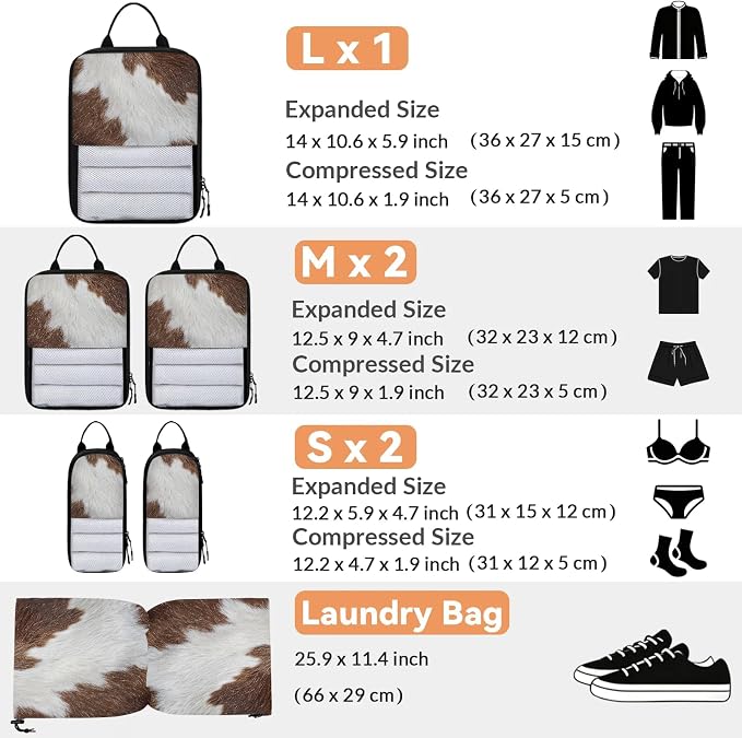 Cow Print 6 Set Compression Packing Cubes Farmhouse Cow Expandable Packing Organizer for Travel Accessories Luggage Suitcase Bag