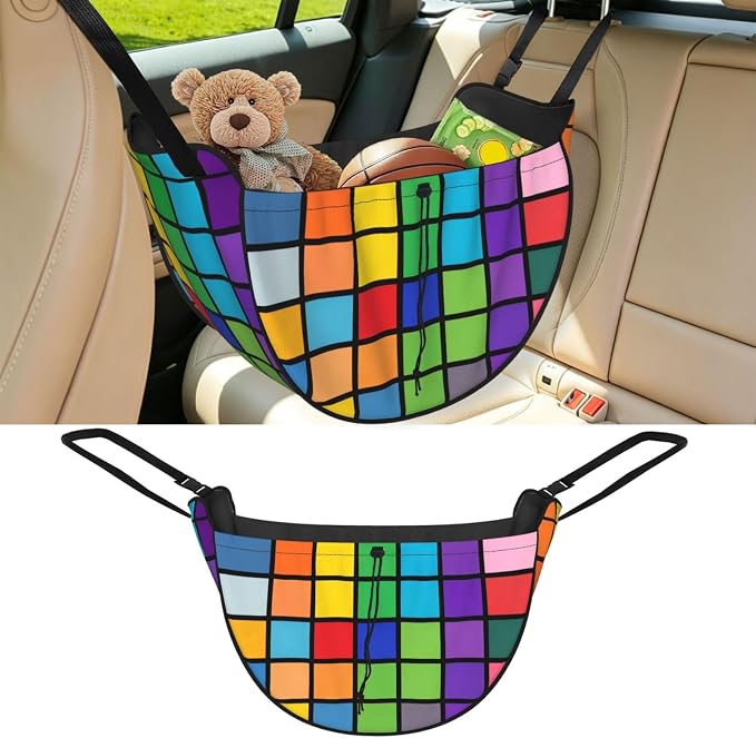 Filled Grid Car Seat Organizer-Backseat Storage Bag for Travel | Waterproof Durable. Holds Snacks Gear Essentials. Fits Most Cars.