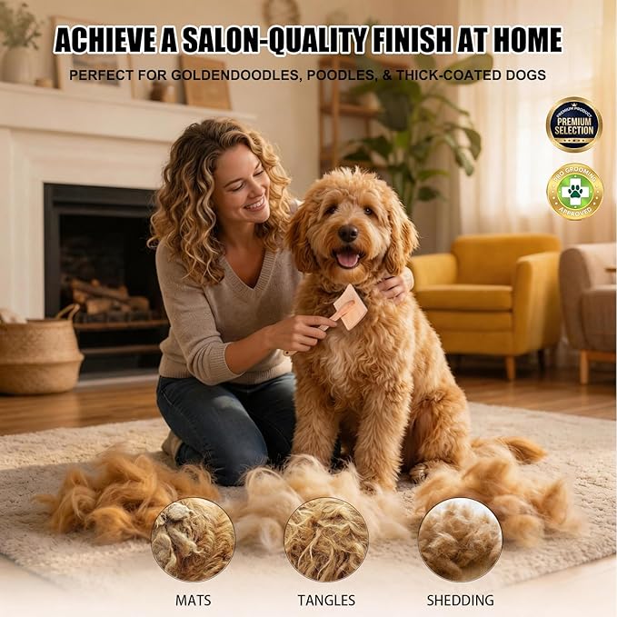 Dog Slicker Brush for Goldendoodles, Poodles & Long Haired Dogs - Long Pin Doodle Brush & Pet Comb Kit Removes Tangles Loose & Knots, Professional Grooming Tools with Wooden Handle, Natural