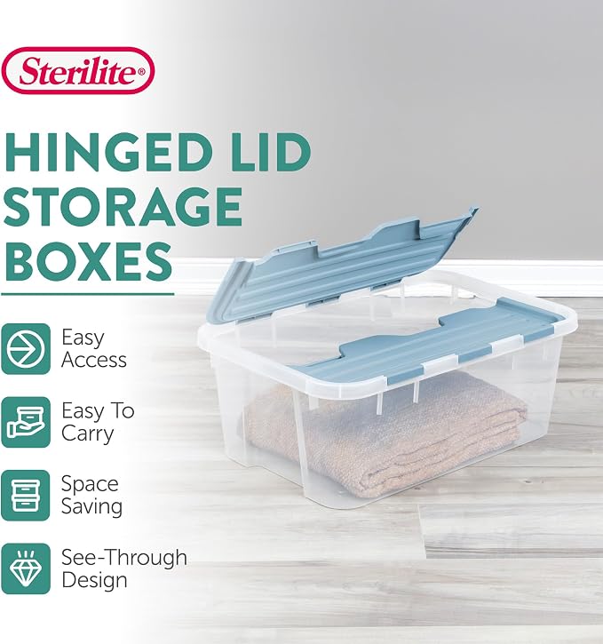 Sterilite 18 Pack Hinged Lid Storage Box, 40 Qt Plastic Container, Washed Blue - Home Organizer Tote for Storing Shoes, Crafts, Clothing, or Decor
