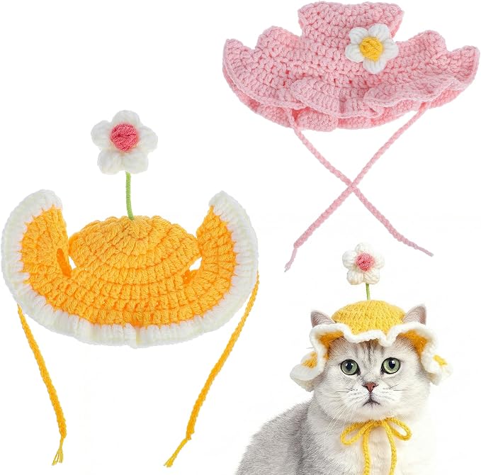 2Pcs Crochet Cat Hats Knit Cat Hat Cute Soft Flowers Hat (Pink, Yellow) | Knit Cat, With Adjustable Cord, Handmade Crochet Cats Clothes, for Puppy Kitten, for Holiday Birthday Party Costume Accessory