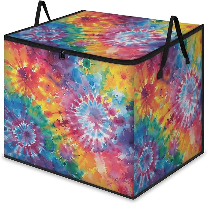 Tie Dye Large Storage Bags, Fabric Bed Storage Containers, Foldable Closet Organizers for Blanket, Clothing, Comforter, Bedding, Colorful