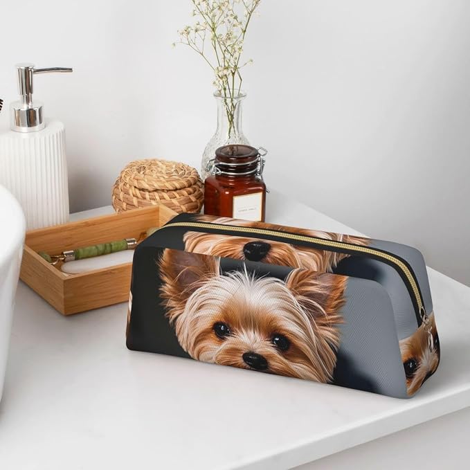 PU Leather Pencil Case Cosmetic Pencil Bags Makeup Pouch with Zipper | Cute Pet Yorkie Pen Pouch Portable Cosmetic Organizer Bag For Office Woman Man
