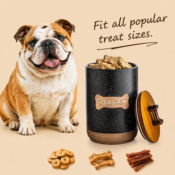 Miamolo Dog Treat Container, Dog Treat Jar for Countertop Airtight Seal Lid | Ceramic, 8 Cups, Wooden Lid, Cast-iron Handle | Dog Food Storage Container, Decorative Dog Cookie Canister, Bone Dotted Black