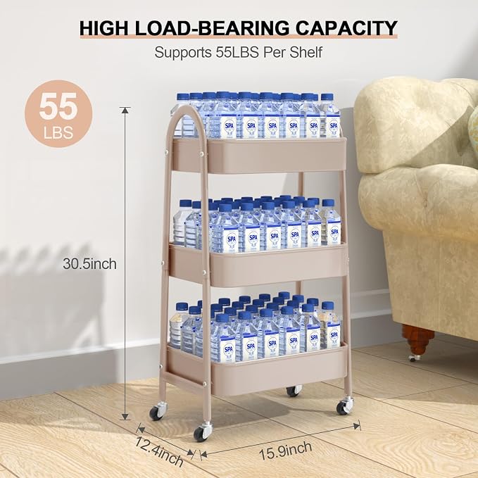 3 Tier Utility Rolling Cart, Metal Storage Cart with Handle and Lockable Wheels, Multifunctional Storage Organizer Trolley with Mesh Baskets for Kitchen, Living Room, Office, Garage (Beige)