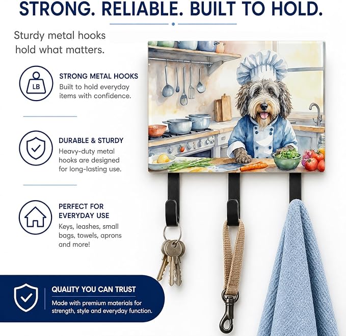 Caroline's Treasures Bergamasco Sheepdog The Chef Leash or Key Holder Wall Hooks, Key Hooks Holder, Coat Rack Wall Mount, Coat Hooks, Hooks for Hanging Keys, Towels, Aprons, Leashes | Bergamasco Sheepdog The Chef artwork on ceramic tile with three stee...