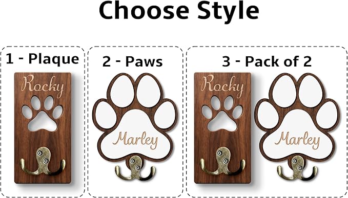 Personalized 2 Pack Dog Leash Holder for Wall Mount, Custom Name Paw Print Wooden Hook, Dog Collar and Harness Organizer, Key and Leash Holder for Entryway, Gift for Dog Lovers