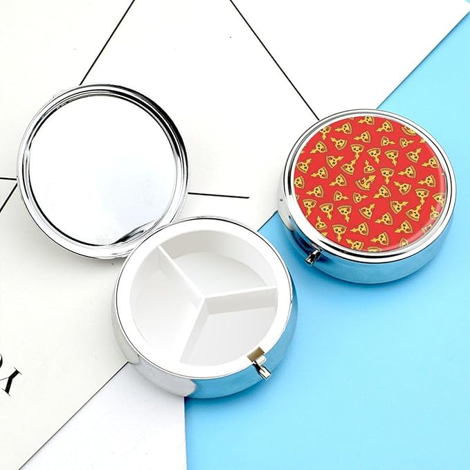 Round Purse Pocket Pill Box Red Cheese Pizza Painting 3 Compartment, Portable Metal Pill Case for Travel Fish Oil Vitamins