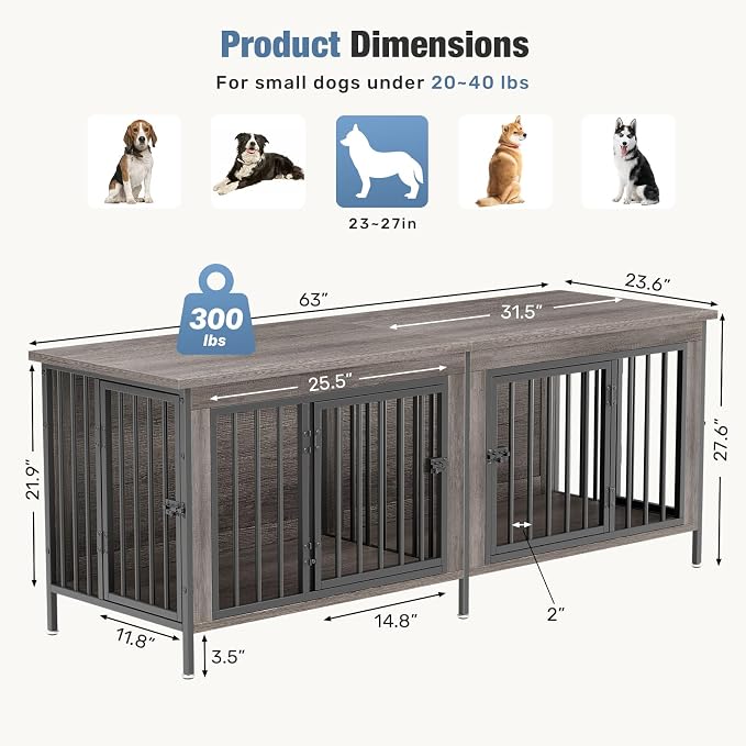 DUMOS 63" Dog Crate Furniture for 2 Dogs with Divider, Gray Wood Grain | Wooden Dog Kennel Furniture, Medium Breed, Center Divider, Double Doors, Heavy Duty Indoor Dog Cage, TV Stand, Side Table