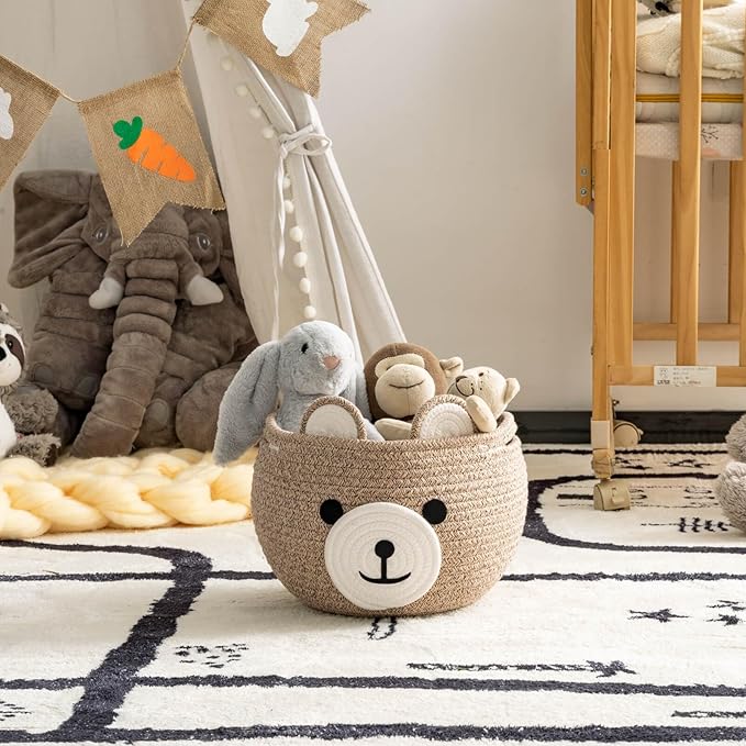 CherryNow Baby Basket for Gifts Empty, Cute Bear Design, Light Brown | 10.5" x 8.5" Baby Shower Basket for Kids Boys Newborn Storage, Toy Basket for Living Room Nursery Décor, Soft Cotton Rope