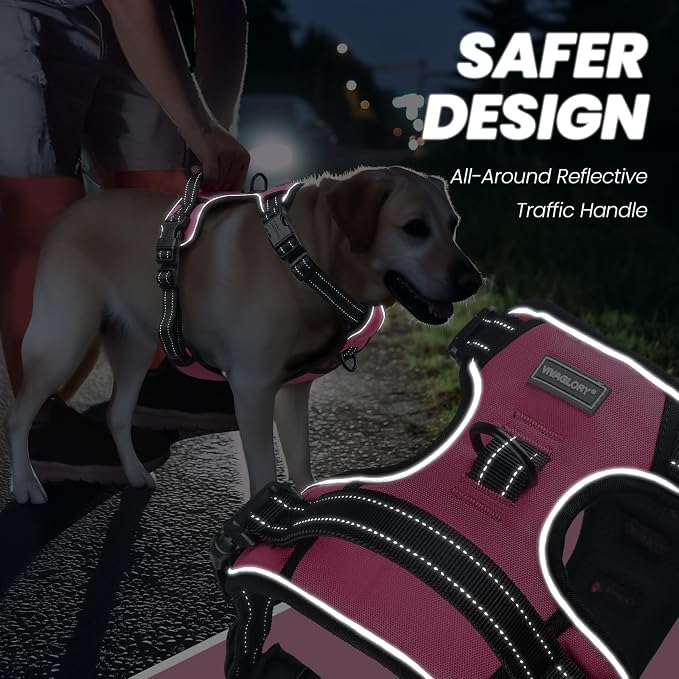 VIVAGLORY No Pull Dog Harness Vest Harness, XL, Pink - Plain | with Handle Front and Back Clip for Training & Pulling, No Pull & Escape Proof Padded Adjustable for Pet Puppy