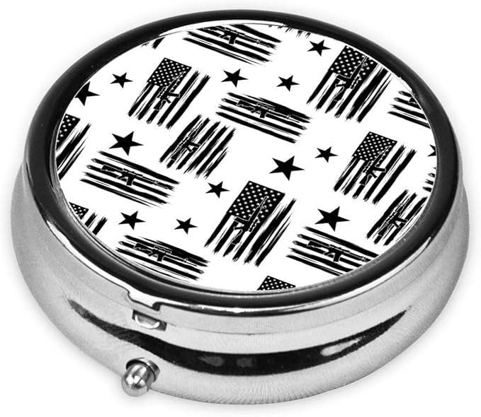 Pocket Pill Box, Waterproof Round Dispenser, Portable Mini Case for Supplements, Daily Use Organizer for Active Lifestyles, American Hunting Flag