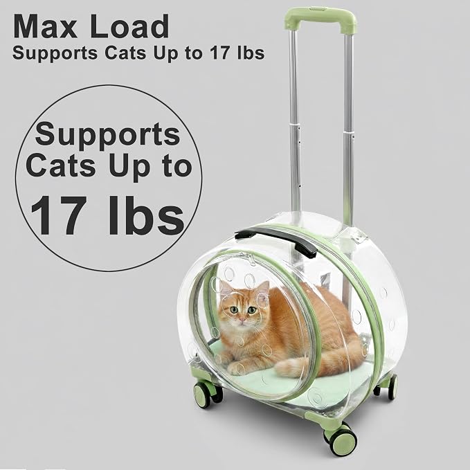 Transparent Hard Shell Cat Carrier with Wheels, Green | Rolling cat carrier, 17-lb max load, Breathable, Telescoping handle, Shoulder strap, Clear pet carrier, Portable, Travel
