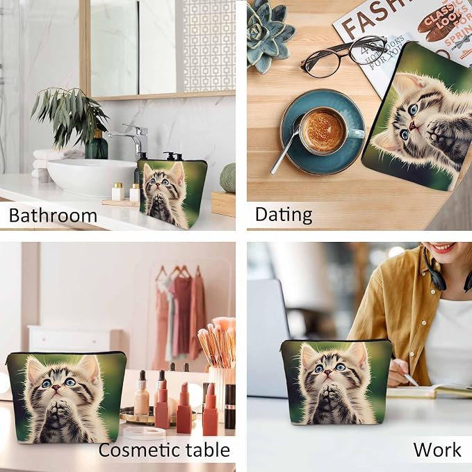 Cat Makeup Organizer - Cute Animal Pet Flax Toiletry Bags, Travel Cosmetic Pouch Skincare Wallet Bags For Women, Mom, Daughter