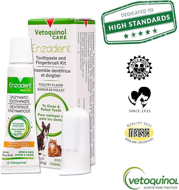 Vetoquinol Enzadent Enzymatic Toothpaste Kit + Fingerbrush for Cats & Dogs – .75oz, Poultry Flavor – Oral Dental Care Kit: Removes Plaque, Polishes Teeth & Freshens Breath