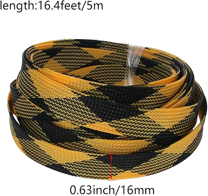 Heyiarbeit 5m/16.4ft PET Expandable Braid Cable Sleeving Flexible Wire Mesh Sleeve Black Yellow 16mm