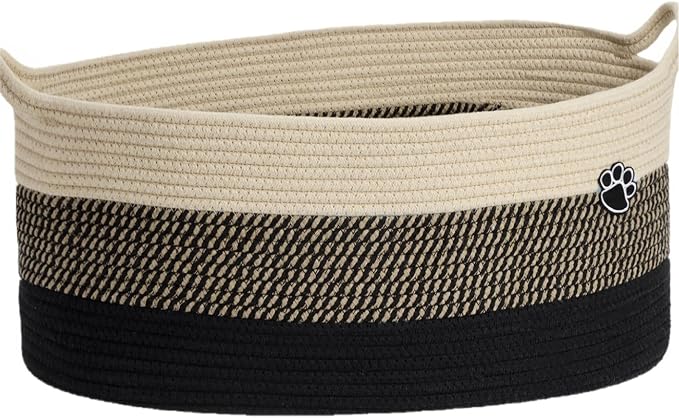 Optish 40L Extra Large Dog Toy Basket, XL Toy Storage Box and Bin with Handles, 20" x 14" x 9" Woven Cotton Rope Foldable Basket for Blankets, Living Room, Bedroom, Home Decor, Black & Brown