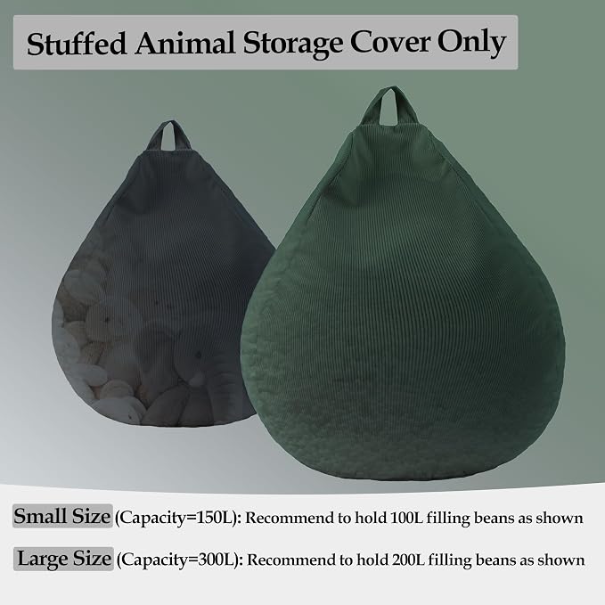 LPMOERA Stuffed Animal Storage Soft Bean Bag Chair Cover No Filler Green | Skin-Friendly,Portable,Wide Easy-Load Opening,Hidden Zipper,Decorative Organizer