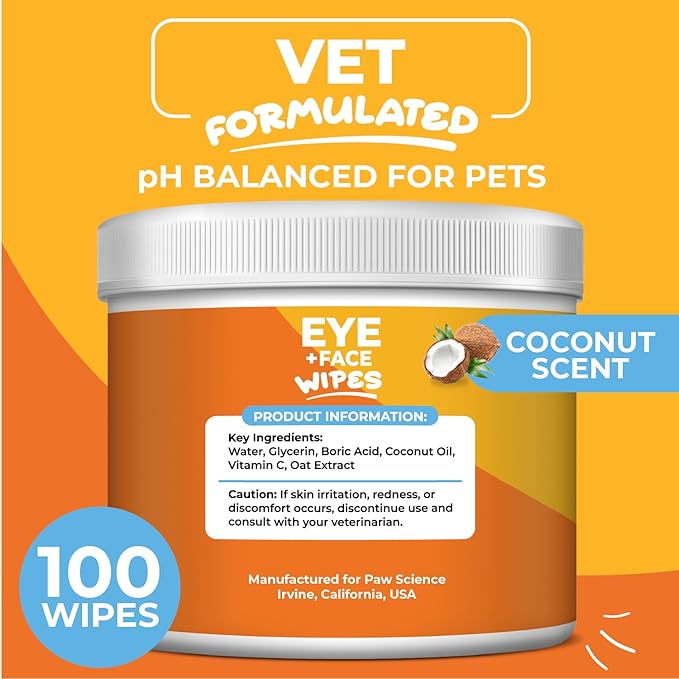 Paw Science Dog Eye Wipes - Hypoallergenic Eye & Face Wipes for Dogs, Cats, & Puppy - Pet Tear Stain Remover & Cleaner - Gently Cleans & Removes Discharge, Crust, & Gunk (Coconut)
