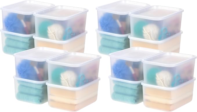 IRIS USA Plastic Storage Basket with Lid, 16-Pack, Stackable, for Kitchen Bathroom Bedroom Closet Kid's Room Office, Easy to Clean, Stylish Design, Shelf Organizer, Pearl