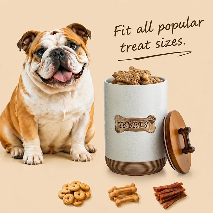 Miamolo Airtight Dog Treat Container, Dog Treat Jar with Lid for Countertop | Ceramic, Cast-iron Handle | Dog Food Storage, Training Pet Treats Canister Farmhouse Gift for Dog Lovers, Bone Glinting White