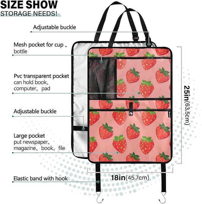 JIPONI Car Backseat Organizer, Strawberrys Pink Automotive Back Seat Protector, Kick Mats with Storage Pockets for Kids Pets, Road Trip Accessories (2 Pack)