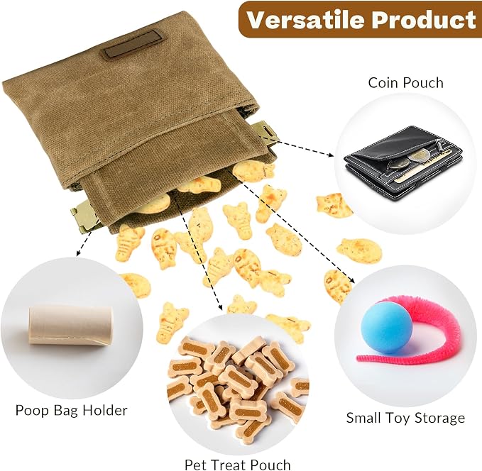 Dog Treat Pouch, Portable Auto Closing Dog Training Treat Bag with Carabiner, Hands Free Pocket Sized Snack Reward Pouch for Puppy Walking Travel Outdoor Use, Brown