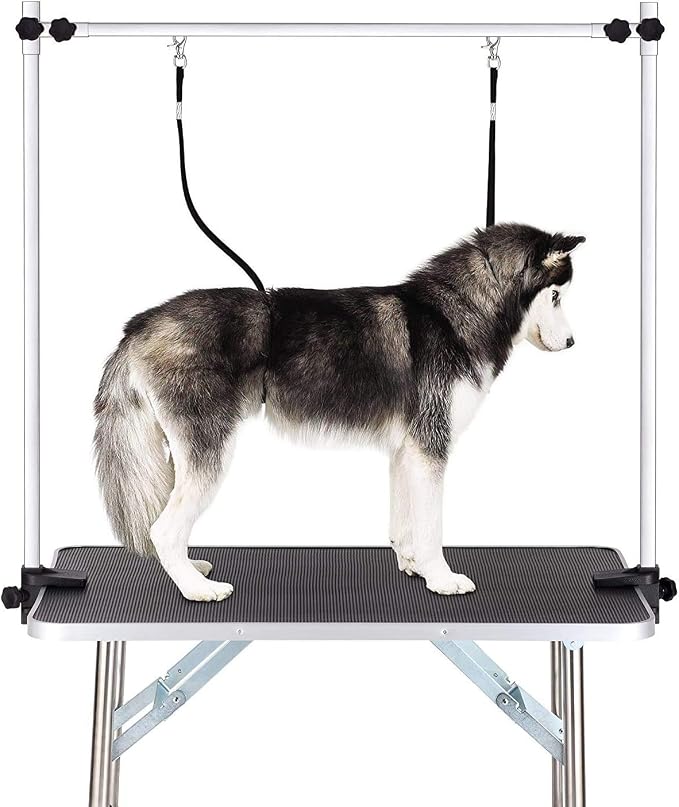 46" Professional Adjustable Pet Grooming Table Heavy Duty with Arm & Nosse & Mesh Tray for Large Dog Cat Shower Table Bath Station, Maximum Capacity Up to 300 LBS (Black 46 inch)