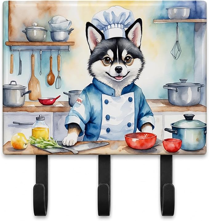 Caroline's Treasures Alaskan Klee Kai The Chef Leash or Key Holder Wall Hooks, Key Hooks Holder, Coat Rack Wall Mount, Coat Hooks, Hooks for Hanging Keys, Towels, Aprons, Leashes | Alaskan Klee Kai The Chef artwork on ceramic tile with three steel hook...