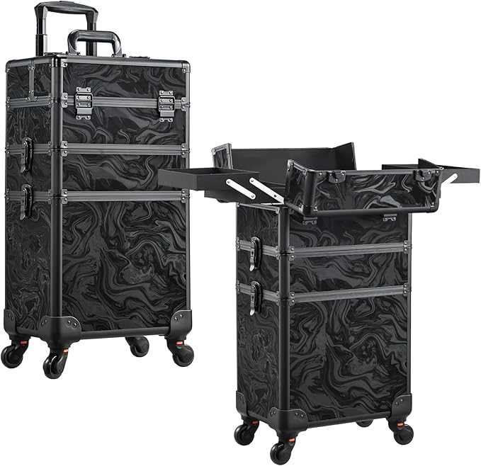 3 in 1 Rolling Makeup Case Cosmetology Case on Wheels Alpine Black | Cosmetic Trolley Large Storage with Keys 360° Swivel Salon Barber Case Traveling Cart Trunk for Artist Hairstylists Nail Tech