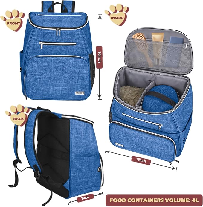 BAGLHER丨Dog Travel Bag Backpack, Airline Approved Pet Supplies Backpack, Dog Travel Bag with 2 Silicone Collapsible Bowls and 2 Food Baskets Blue