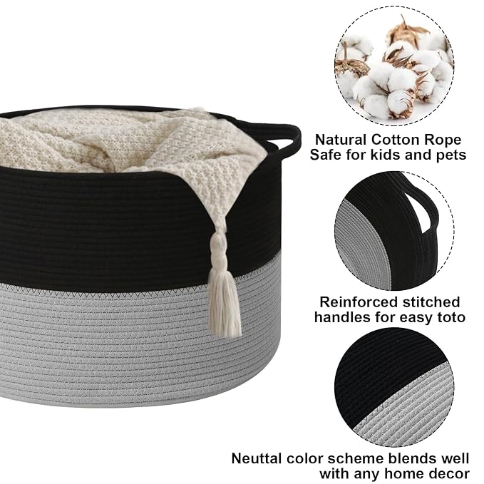 90L Large Blanket Basket,Woven Laundry Basket-Black&Light Grey | Collapsible, reinforced handles, nursery storage bin organizes clothes, toys and pillows for living room, bedroom bathroom