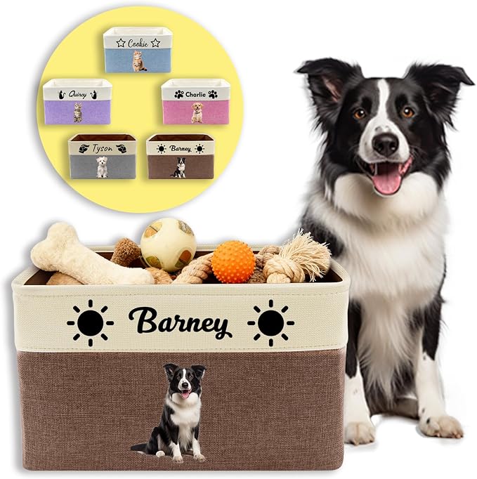 Personalized Dog Toy Storage Basket with Photo Name | Custom Dog Food Organizer Fabric Bins for Clothes Blankets Dolls-Brown
