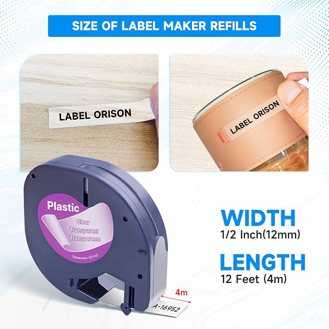 Compatible with Dymo Label Maker Refill 16952 Clear Plastic Label Tape for Dymo LetraTag Refills LetraTag Plus LT-100H LT-100T 200B,1/2'' x 13'(12mmx4m), Black on Clear, 2Pack
