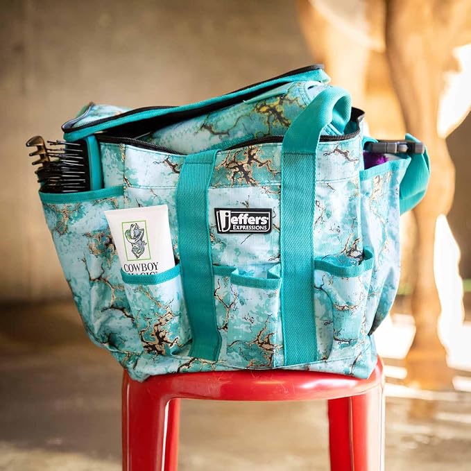 Jeffers Expression Deluxe Horse Grooming Bag – Large Zip Top Equestrian Tote w/Multiple Pockets, Handles & Adjustable Shoulder Strap, Padded Feet, Barn Essentials 11.5"x10.5"x8.5" - Bisbee Blue