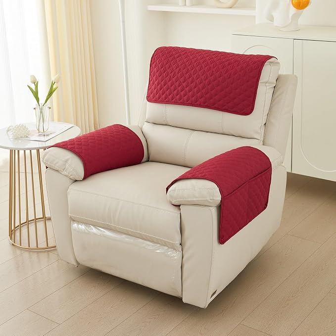 Armrest Covers Armchair Slipcover, Couch Arm Covers Recliner Covers with Storage Pockets Armrest Protector for Chair Sofa(Red,1 Seat | 3 Piece Set)