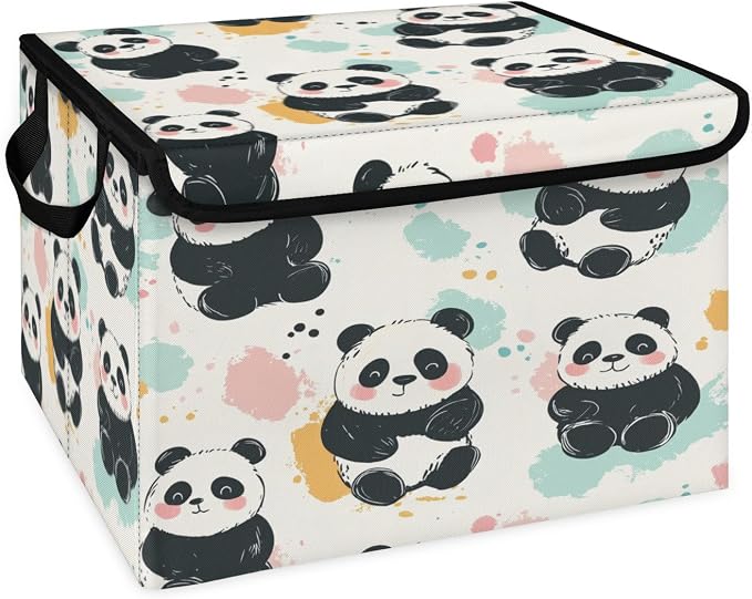 Panda Storage Bins with Lids, Cute Animal Foldable Storage Boxes with Carrying Handle Organizer Containers Baskets Cube for Home Bedroom Closet