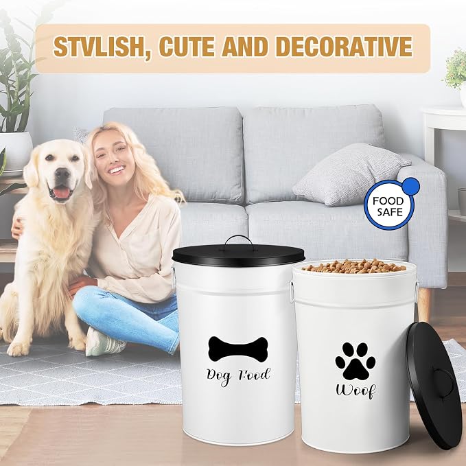 DoubleFill Extra Large 30 lb Metal Dog Food Storage Containers, White | Airtight Dog Treat Snack Jars with Lids and Spoon, Farmhouse Style Big Pet Cookie Storage Bin for Kitchen Counter, Set of 2