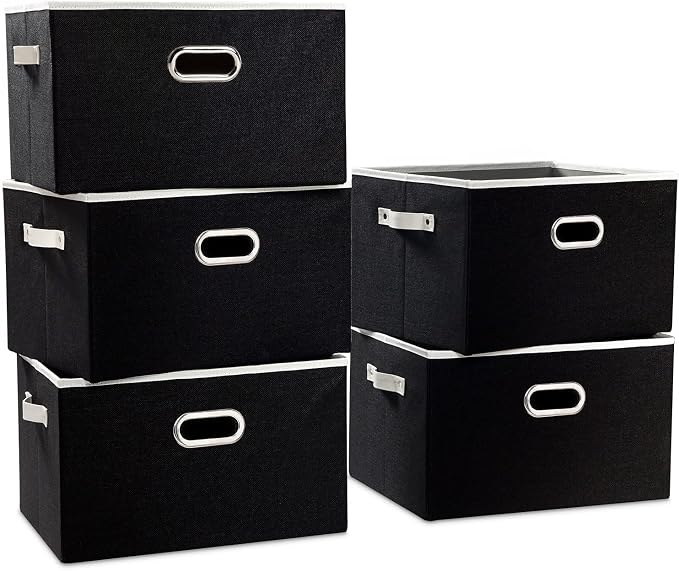 PRANDOM Larger Collapsible Storage Bins for Closet [5-pack] Decorative Linen Fabric Storage Baskets Cubes with Leather/Metal Handles for Living Room Black (17.3x12.2x10.4 Inch)