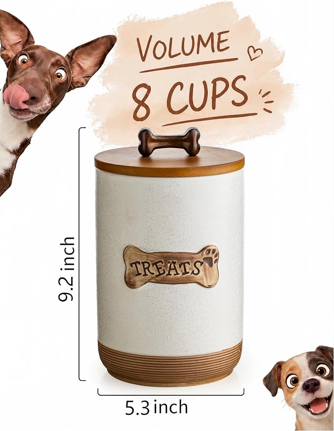 Miamolo Airtight Dog Treat Container, Dog Treat Jar with Lid for Countertop | Ceramic, Cast-iron Handle | Dog Food Storage, Training Pet Treats Canister Farmhouse Gift for Dog Lovers, Bone Glinting White