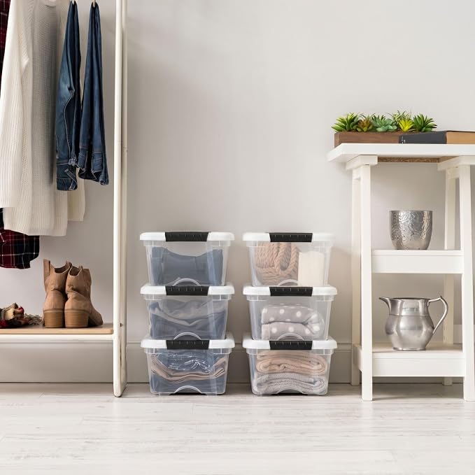 IRIS USA 13 Qt Storage Bins with Lids, 6 Pack, Clear/White | Compact storage for shoes, crafts, office supplies, personal items, closet organization, and small-space storage.