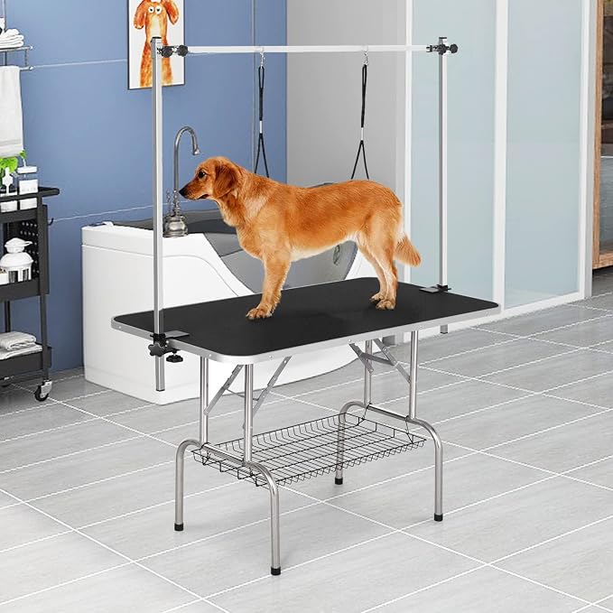 SoarFlash Pet Dog Grooming Table Foldable,Heavy Duty Foldable Pet Grooming Table with Arm & Noose & Mesh Tray, Maximum Capacity Up to 330lbs, 46inch, Black
