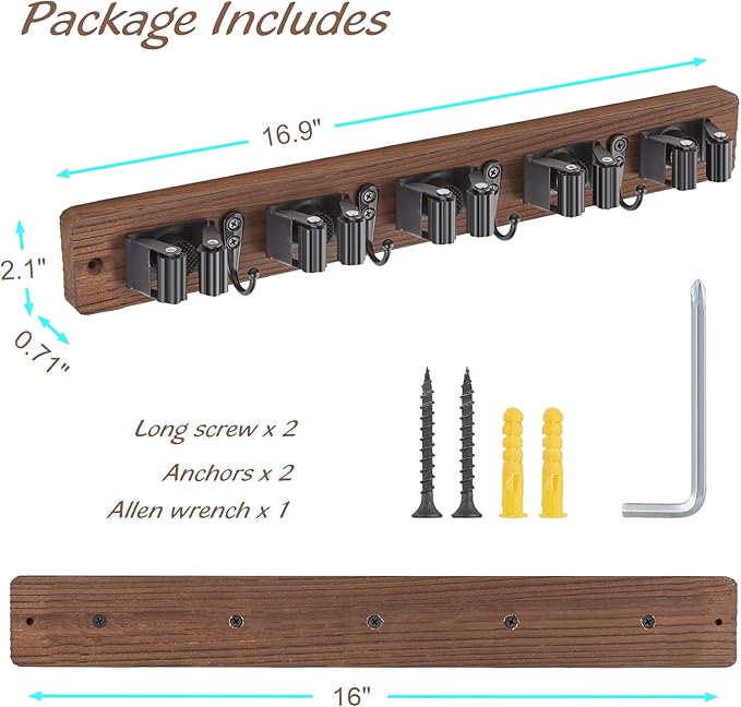 OUTNILI Mop and Broom Holder Wall Mount - Wood Broom Mop Hanger - Wall Mounted Garden Tool Rack Organizer for Closet Garage Laundry Room for Rustic Kitchen Decor With 5 Slots & 4 Hooks