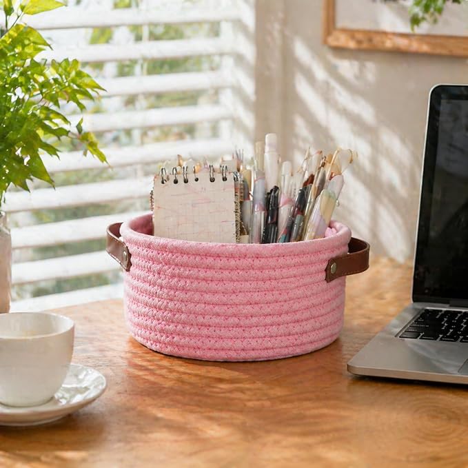 Small Woven Cotton Rope Basket with Leather Handle, Pink | Mini Round Storage Basket, Empty Gift Basket, Nursery Toy Organizer, Decorative Shelf Bin, Boho Room Decor