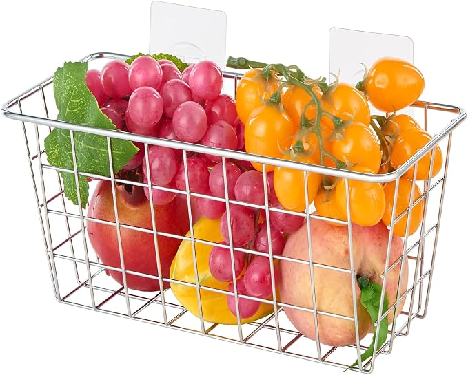 JUNCHU CHERRY 2 Pack Hanging Storage Basket, Bathroom Basket, Household Goods, with Traceless Tape, no Drilling, for Cabinet Storage, Kitchen, Bathroom, Storage Room,Chrome