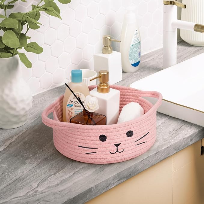 Small Woven Rope Cat Toy Basket with Cat Face Design, Pink | 9.8" x 4" Cute Toy Storage Bin for Girls' Living Room & Nursery, Baby Gift Baskets Empty with Sturdy Handles