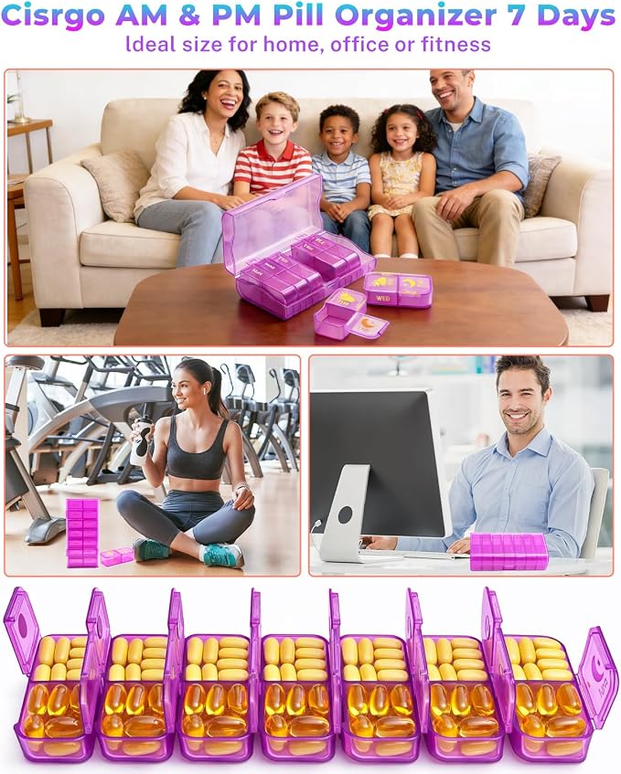 Weekly Pill Organizer 2 Times a Day, 7 Day AM/PM Pill Box, Portable Medication Dispenser with Child-Resistant Latch, BPA-Free, Travel, Office, Pets, Emergency Use (Lavender Purple)