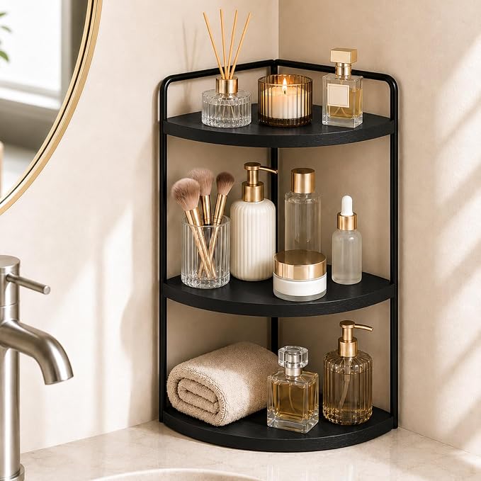 3-Tier Corner Bathroom Counter Organizer, Solid Pine Vanity Shelf, Black | Solid pine 3-tier corner shelf with 6.3 in clearance for tall bottles in bathroom, vanity, kitchen, or coffee bar.